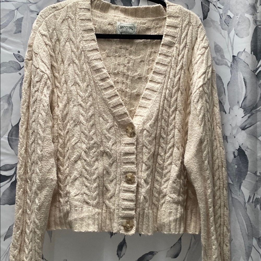 American Eagle Cream Cable Knit Cardigan Sweater, XL